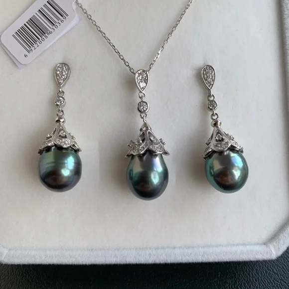 Tahitian drop sea pearl earrings and necklace 10-11mm high luster
